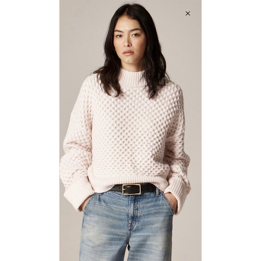 J.Crew Honeycomb Mockneck Sweater Wool Blend Pale Pink Oversized Women's Medium